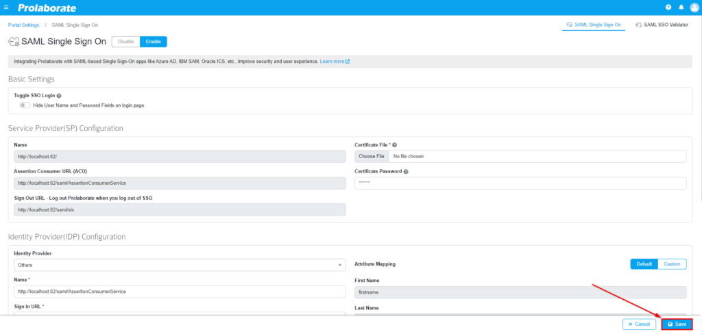 How to save configuration in SAML SSO Page
