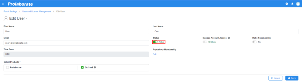 Change status in edit User page