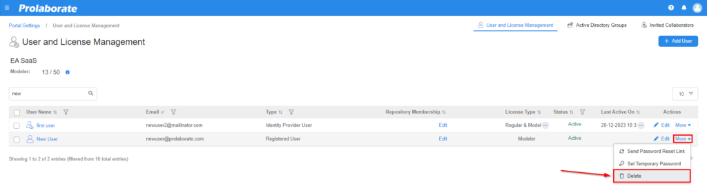 How to delete a user in EA SaaS Portal