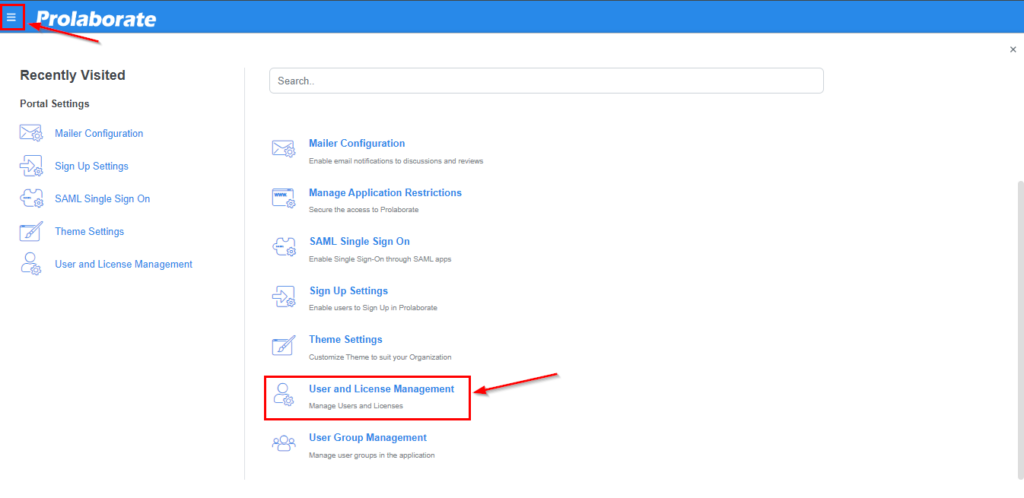 User and License Management Menu