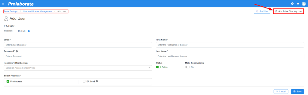how to add a active directory user in ea saas