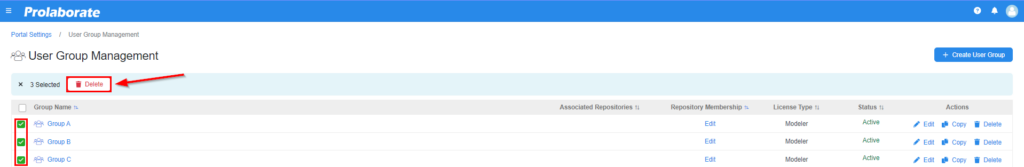 how to delete multiple user groups in ea saas