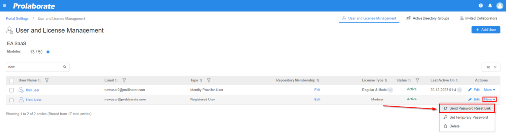 how to send password reset link for ea saas users