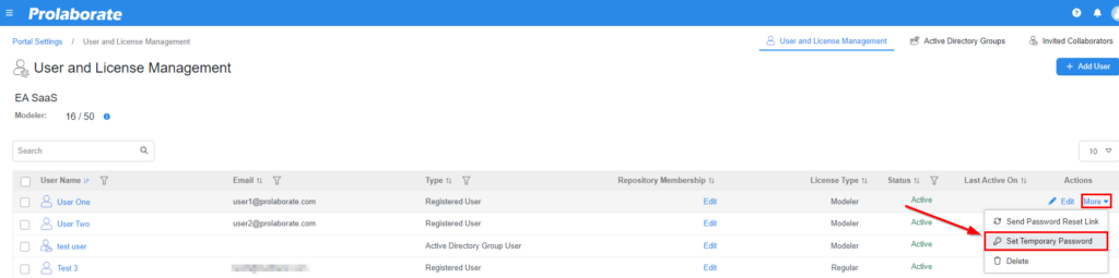 how to set temporary password for ea saas users