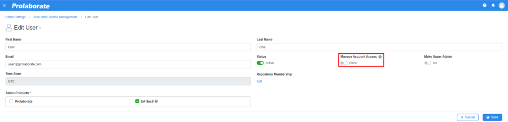 how to unblock a user in the EA SaaS Portal